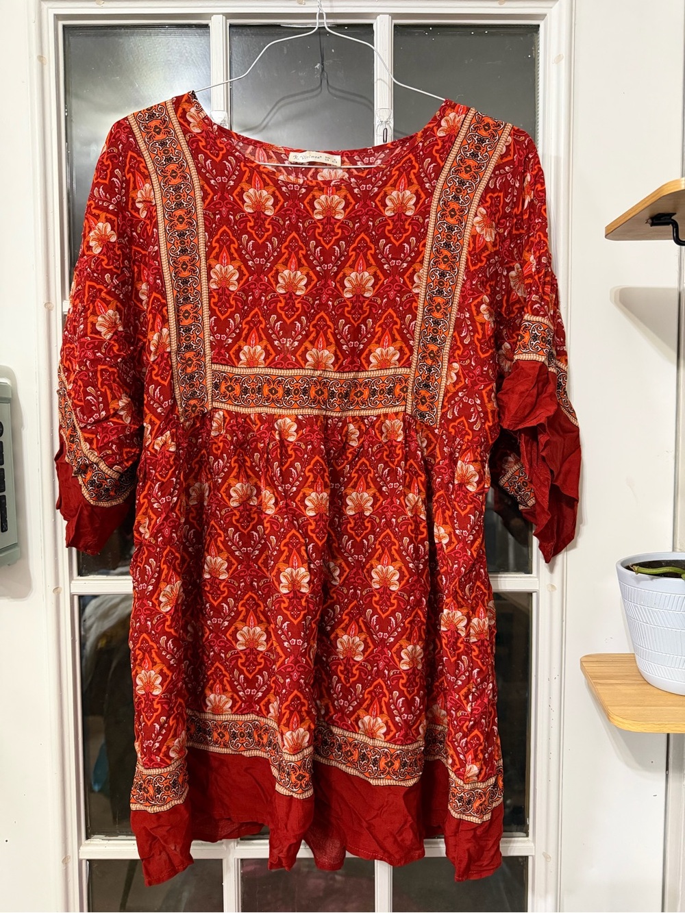 Red Boho Floral Mini Dress with Border Trim